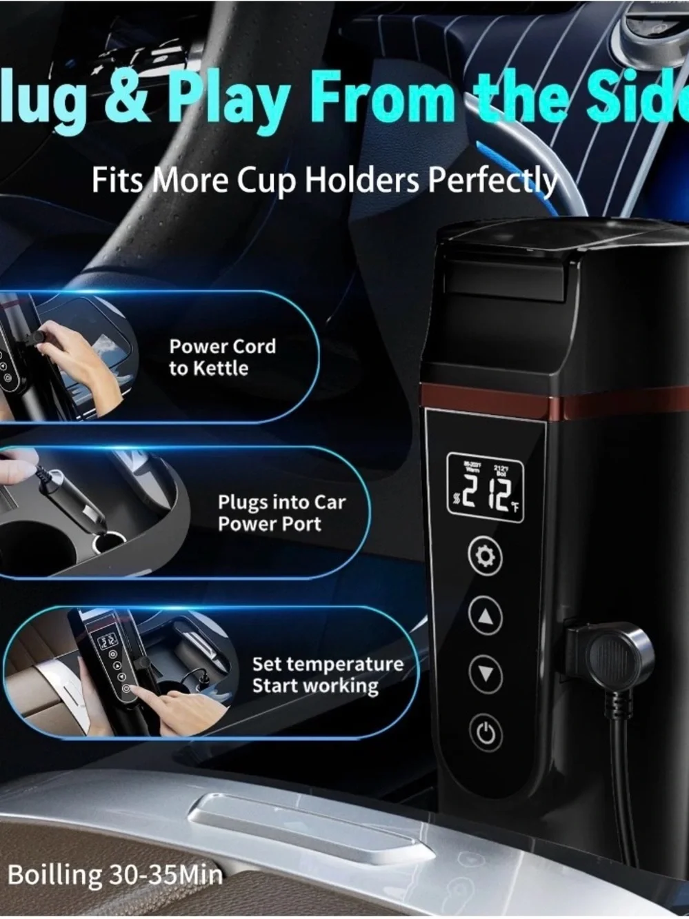 Car Electric Kettle 12V 24V Small Travel 400 mL Portable LCD Display 304